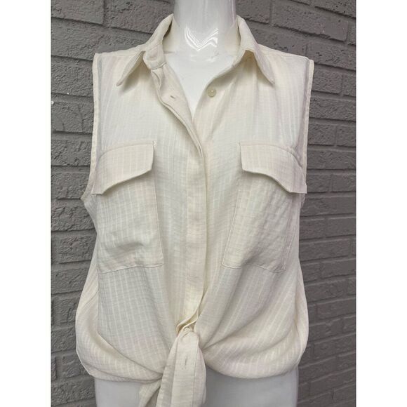 Ann Taylor Women Ivory Sleeveless Textured Utility Button Down Shirt Size L - Picture 7 of 10